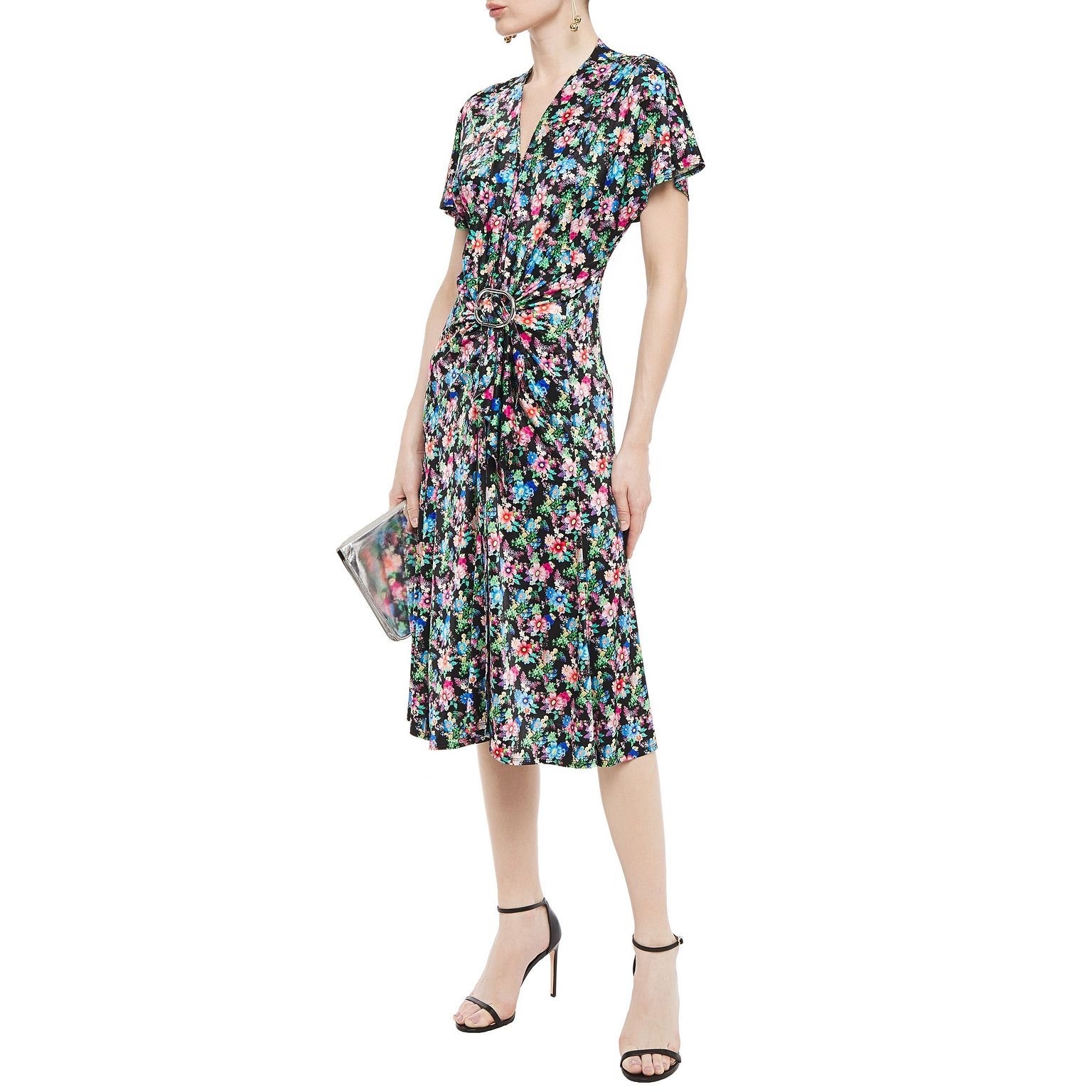 Paco Rabanne Multicolor Floral Print Stretch Jersey Silver Buckle Midi Dress Xs